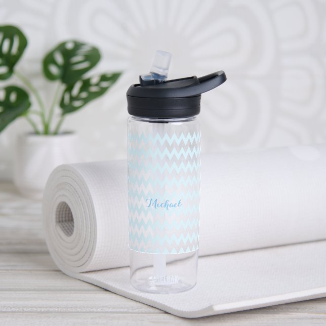 Modern Personalized Blue Pattern Elegant Monogram Water Bottle (Yoga)