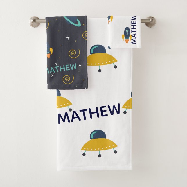 Modern Personalized Blue Yellow Gray Space Kids Bath Towel Set (Insitu)