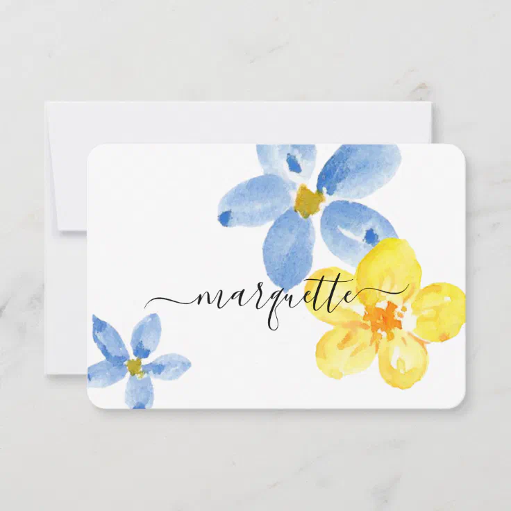Modern Personalized Blue Yellow Watercolor Flowers Thank You Card | Zazzle
