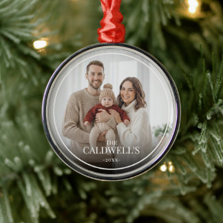 Modern Personalized Boarder Overlay Family Photo Metal Ornament
