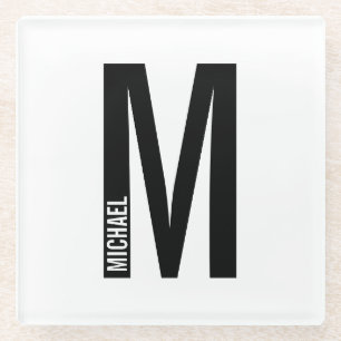 Modern Personalized Bold Monogram and Name Glass Coaster