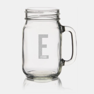 Modern Personalized Bold Monogram and Name Mason Jar W/ Handle