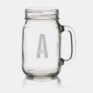 Modern Personalized Bold Monogram and Name Mason Jar W/ Handle