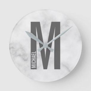 Modern Personalized Bold Monogram and Name Round Clock