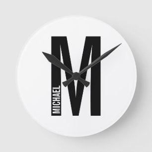 Modern Personalized Bold Monogram and Name Round Clock