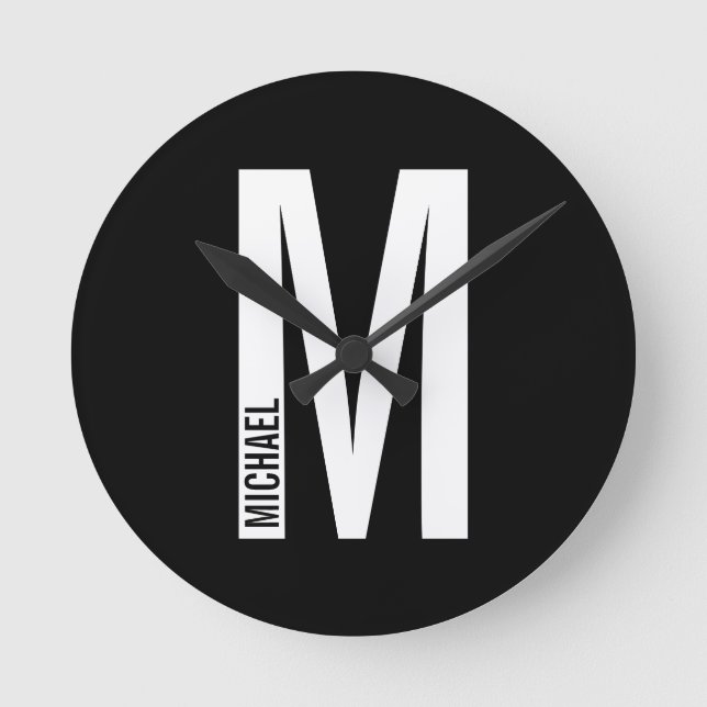 Modern Personalized Bold Monogram and Name Round Clock (Front)