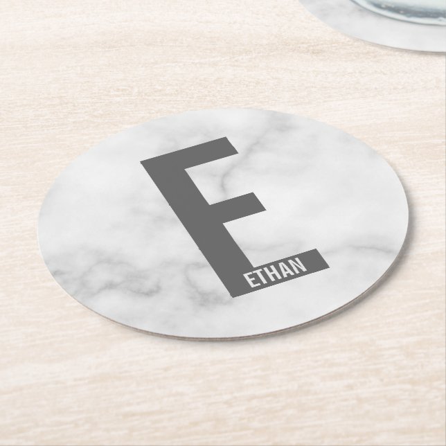 Modern Personalized Bold Monogram and Name Round Paper Coaster (Angled)