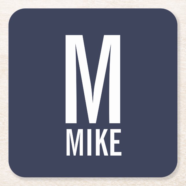 Modern Personalized Bold Monogram and Name Square Paper Coaster (Front)