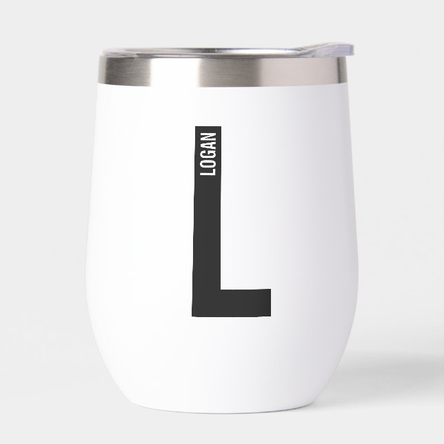 Modern Personalized Bold Monogram and Name Thermal Wine Tumbler (Left)