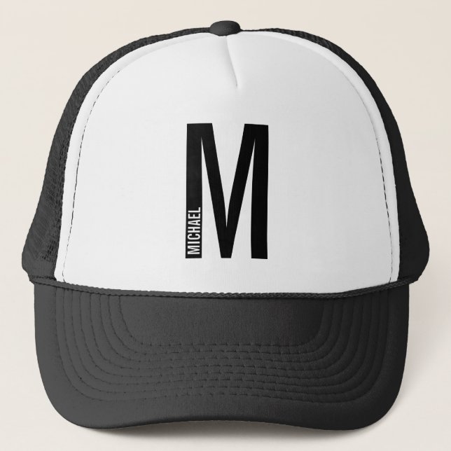 Modern Personalized Bold Monogram and Name Trucker Hat (Front)