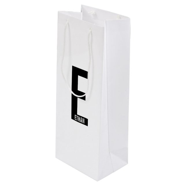 Modern Personalized Bold Monogram and Name Wine Gift Bag (Front Angled)