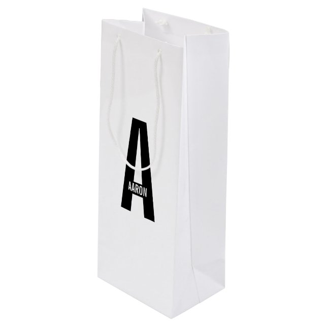 Modern Personalized Bold Monogram and Name Wine Gift Bag (Front Angled)