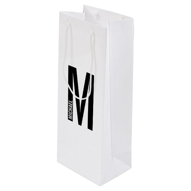 Modern Personalized Bold Monogram and Name Wine Gift Bag (Front Angled)