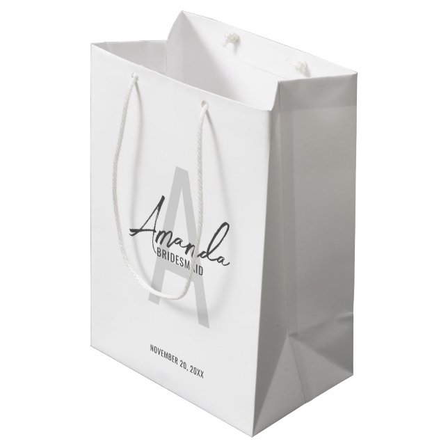Modern Personalized Bridesmaid's Monogram and Name Medium Gift Bag (Front Angled)
