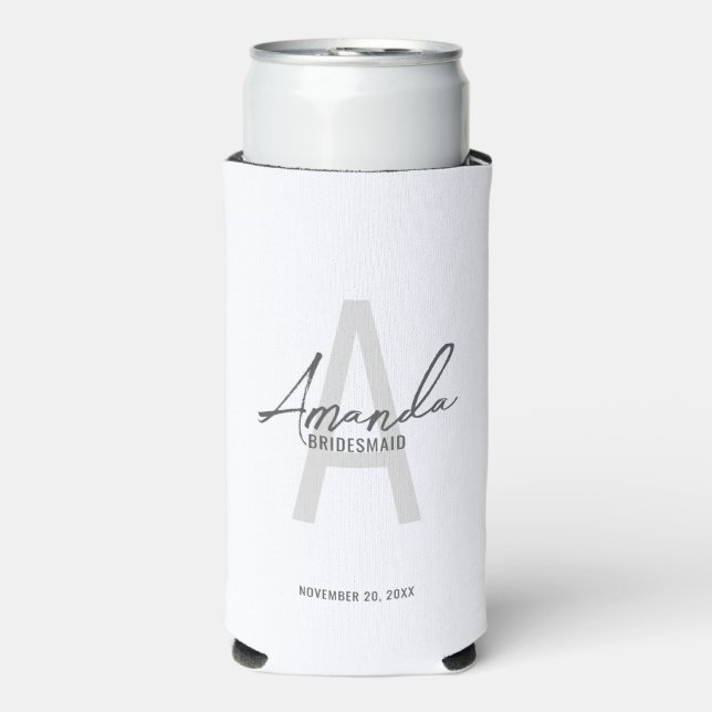Modern Personalized Bridesmaid's Monogram and Name Seltzer Can Cooler (Seltzer Front)
