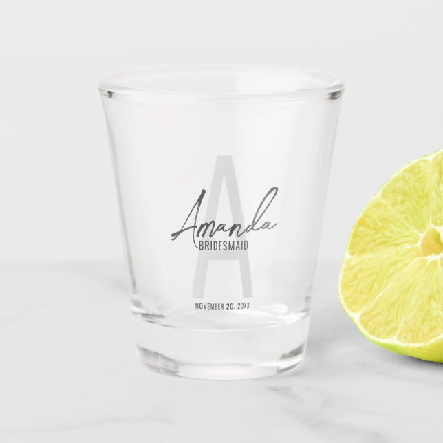 Modern Personalized Bridesmaid's Monogram and Name Shot Glass (Front)