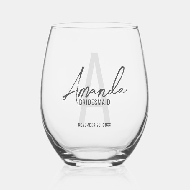 Modern Personalized Bridesmaid's Monogram and Name Stemless Wine Glass (Front)
