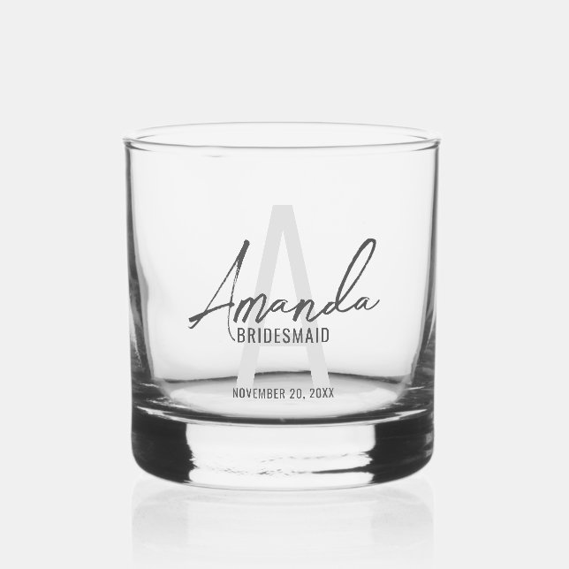 Modern Personalized Bridesmaid's Monogram and Name Whiskey Glass (Front)
