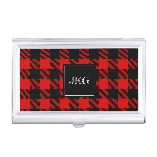 Modern Personalized Buffalo Plaid Check Business Card Case (Front)