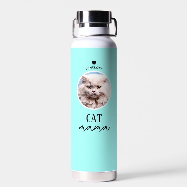 Modern Personalized Cat Mama Custom Name Photo Water Bottle (Back)