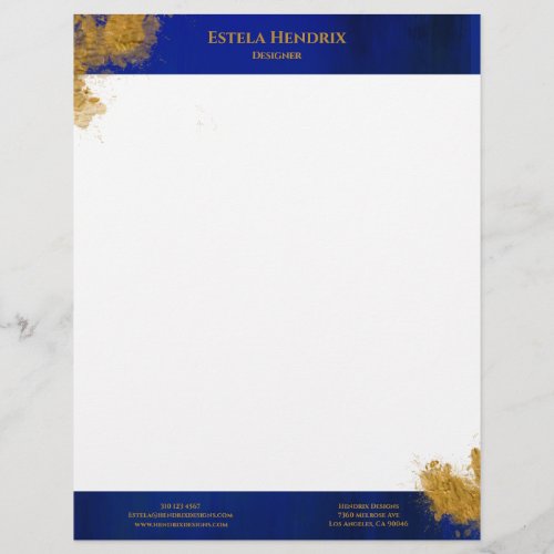 Modern Personalized Cobalt Blue Gold Splatter Letterhead