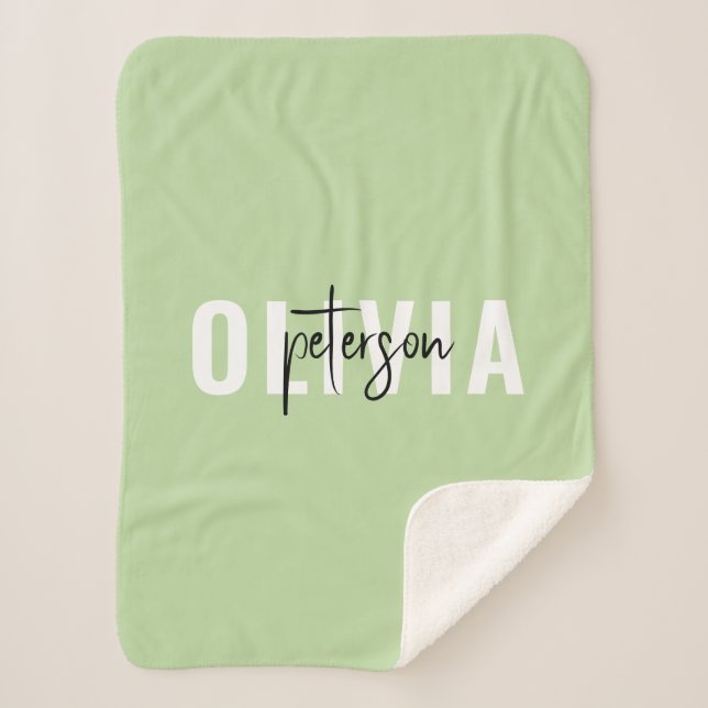 Modern Personalized Cute Sage Green Sherpa Blanket (Front)
