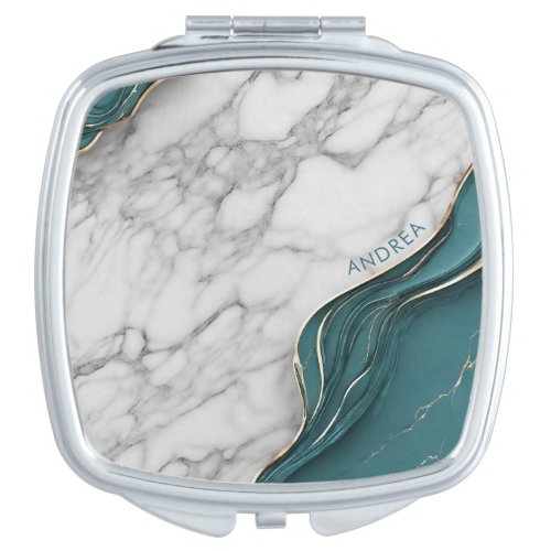 Modern Personalized Dark Teal Gold Marble Compact Mirror