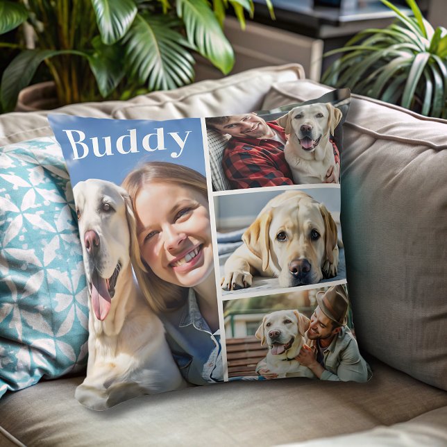 Modern Personalized dog Photo Collage Name  Throw Pillow (Creator Uploaded)