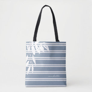 Modern Personalized Dusty Blue Stripe Botanical Tote Bag