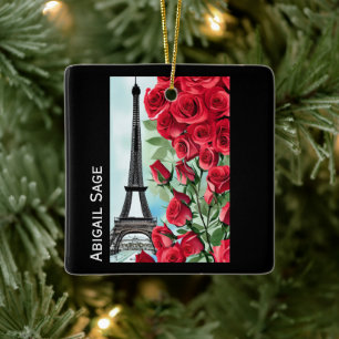 Modern Personalized Eiffel Tower Red Roses Ceramic Ornament