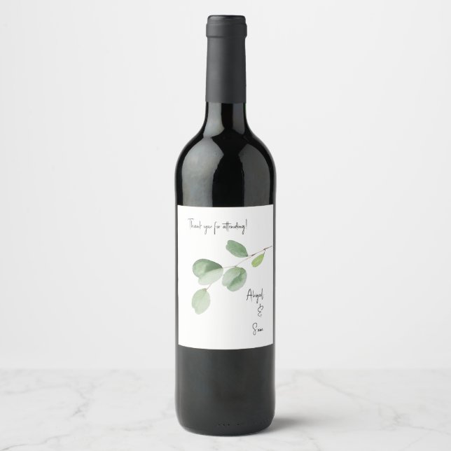 Modern Personalized Eucalyptus Wedding Wine Label (Front)