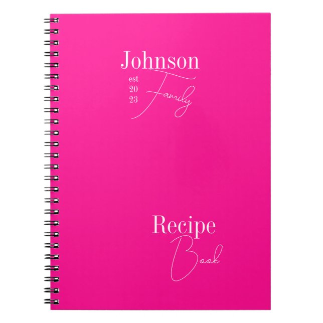 Modern Personalized Family Name Hot Pink Recipe Notebook (Front)