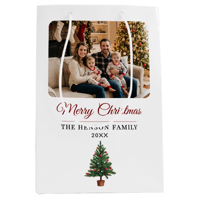 Modern Personalized Family Photo Christmas  Medium Gift Bag (Front)