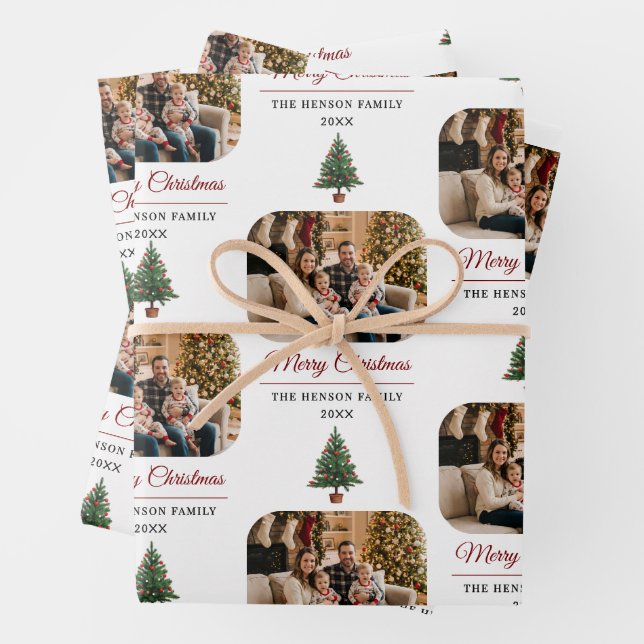 Modern Personalized Family Photo Christmas  Wrapping Paper Sheets (In situ)