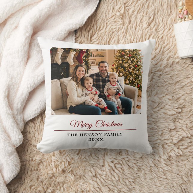 Modern Personalized Family Photo Merry Christmas  Throw Pillow (Blanket)