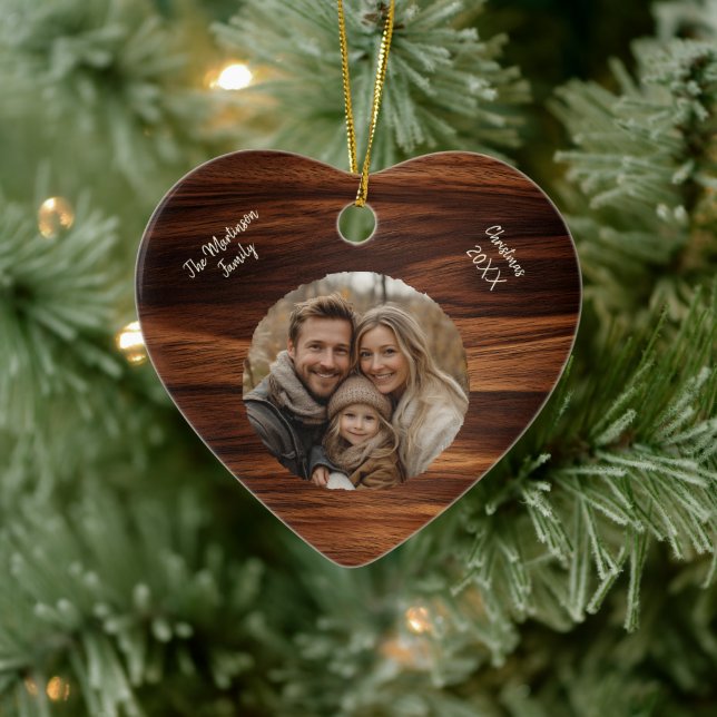 Modern Personalized Family Photo Woodgrain Heart Ceramic Ornament (Tree)