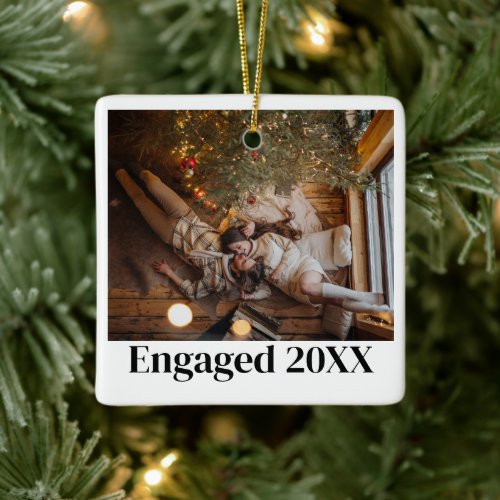Modern Personalized First Christmas Engaged Couple Ceramic Ornament