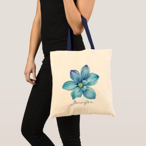 Modern Personalized Floral Blue Watercolor Tote Bag