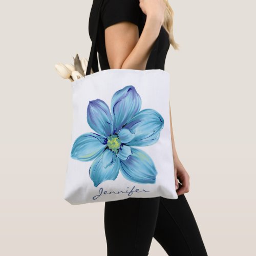 Modern Personalized Floral Blue Watercolor Tote Bag