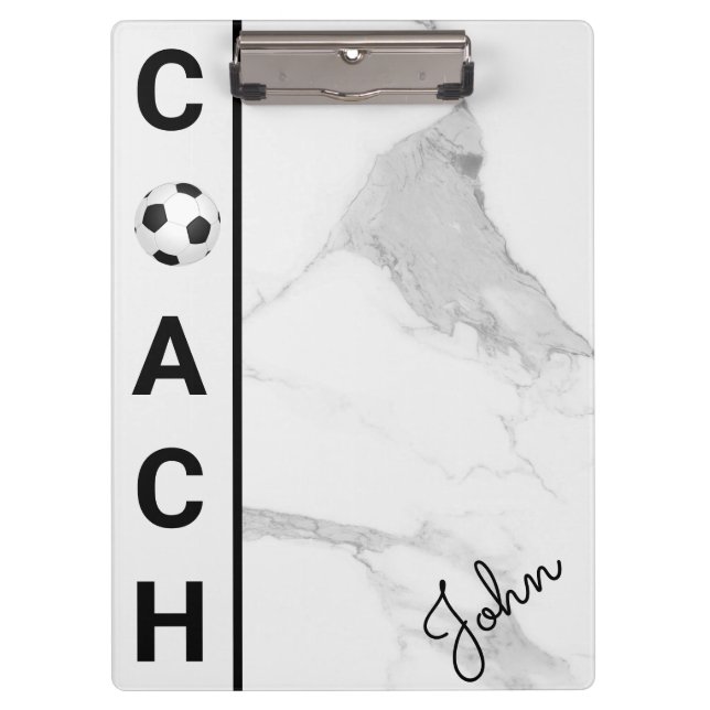Modern Personalized Football Coach White Marble Clipboard (Front)