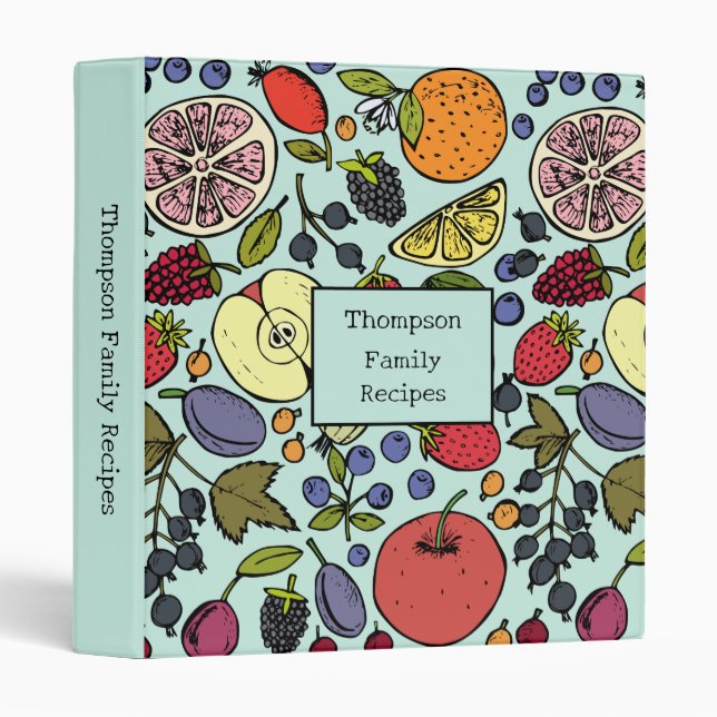 Modern personalized fruit pattern l Blue recipe 3 Ring Binder (Front/Spine)