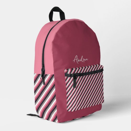 Modern Personalized Girly Pink Stripes Printed Backpack