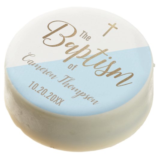 Modern Personalized Gold and Blue Baptism Chocolate Covered Oreo (Angled)
