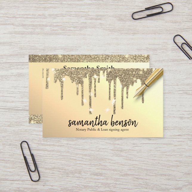 Modern Personalized Gold Drips Notary Agent  Business Card (Front/Back In Situ)