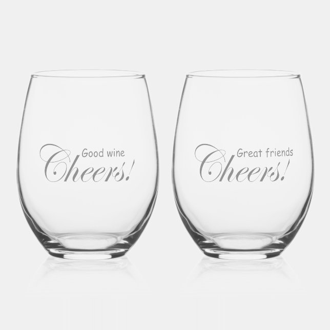 Modern Personalized Good Wine Good Friends Cheers! Stemless Wine Glass (Front)