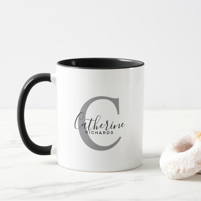 Modern Personalized Gray Monogram Mug (With Donut)