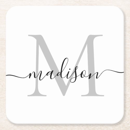 Modern Personalized Gray Monogram Script Name Square Paper Coaster