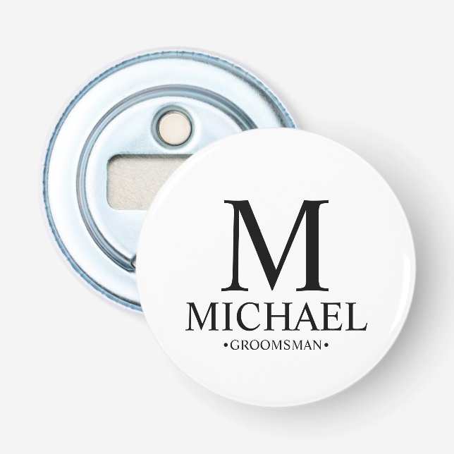 Modern Personalized Groomsman Name and Monogram Bottle Opener (Front)