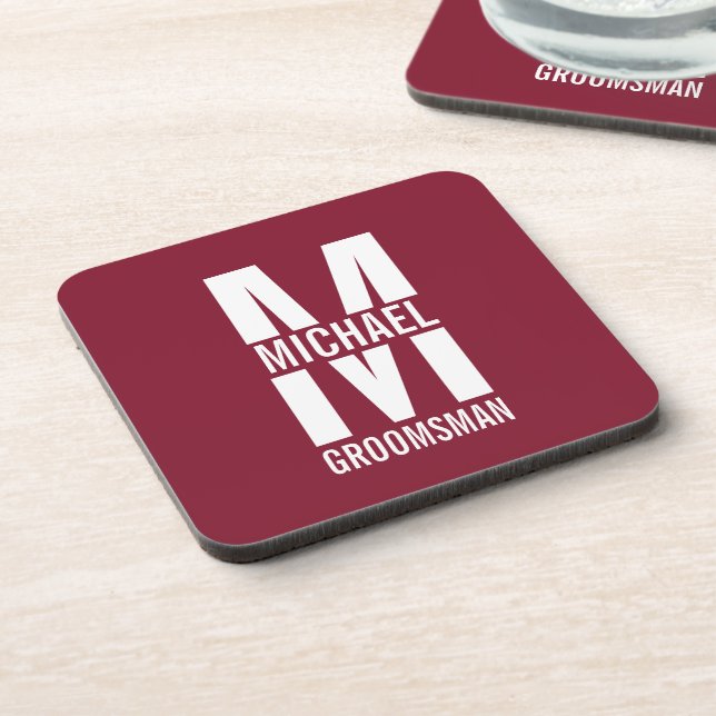 Modern Personalized Groomsmen Monogram and Name Beverage Coaster (Left Side)