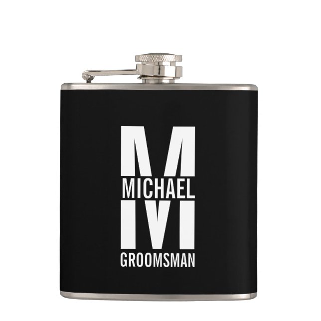 Modern Personalized Groomsmen Monogram and Name Flask (Front)